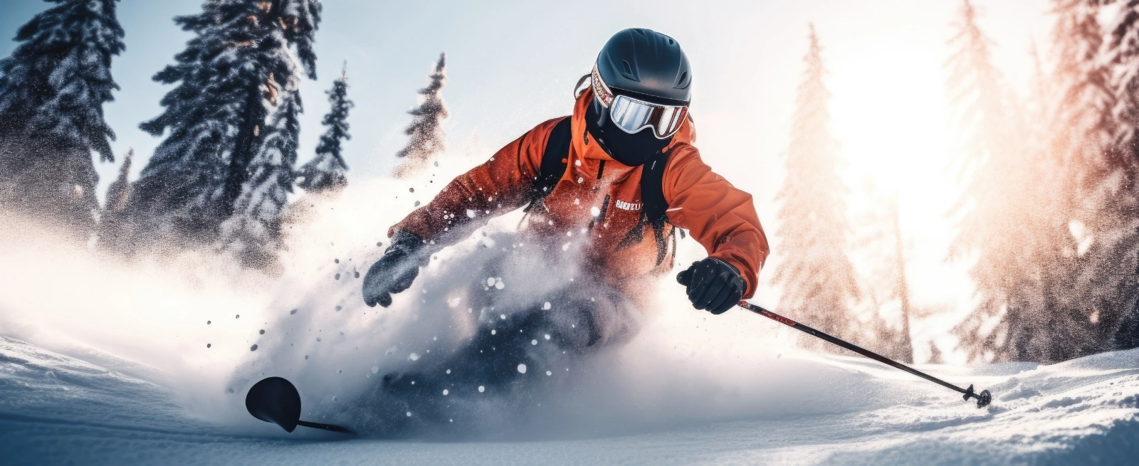 action shot of man skiing through powdery snow down mountainside