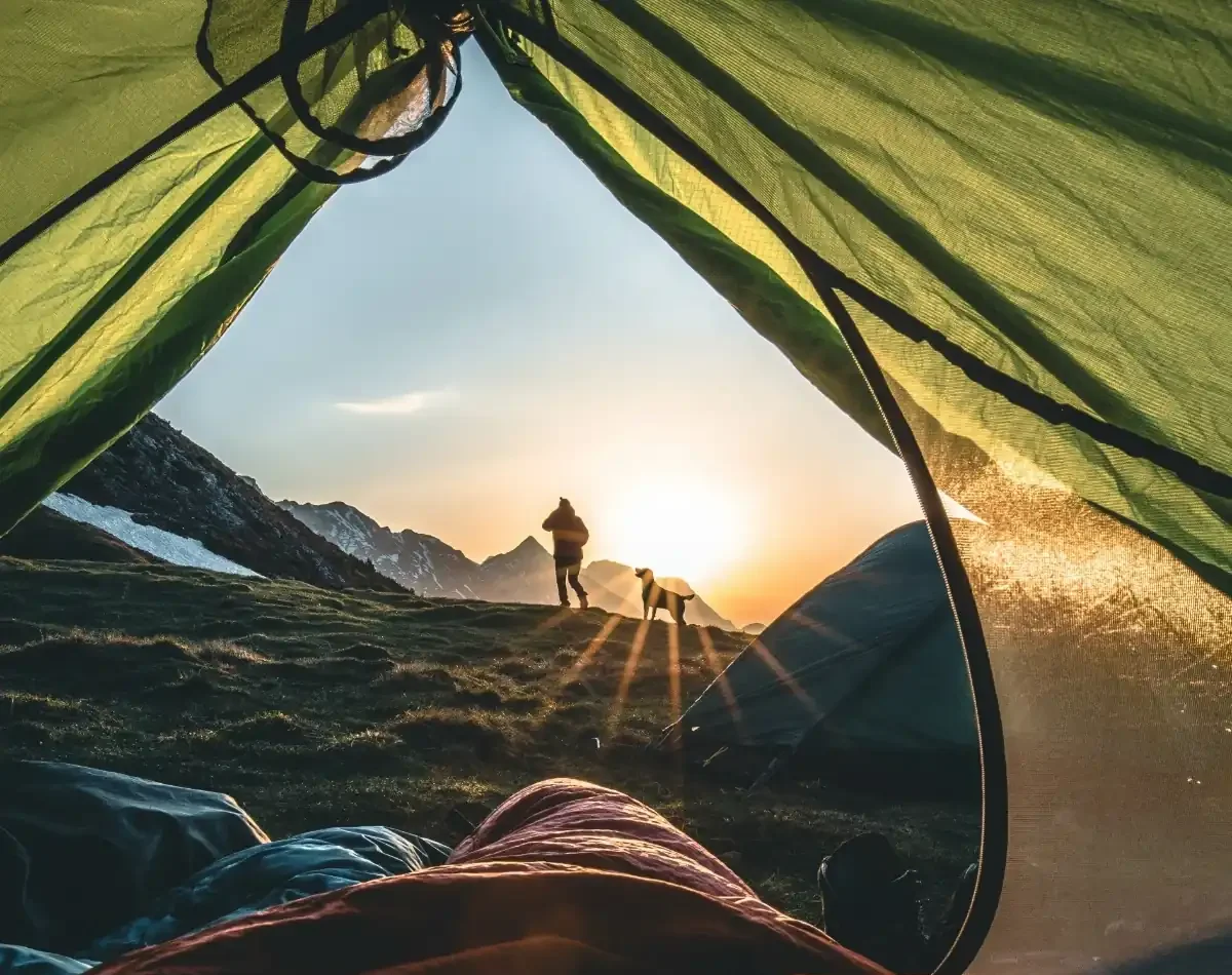 looking outside tent at sunset