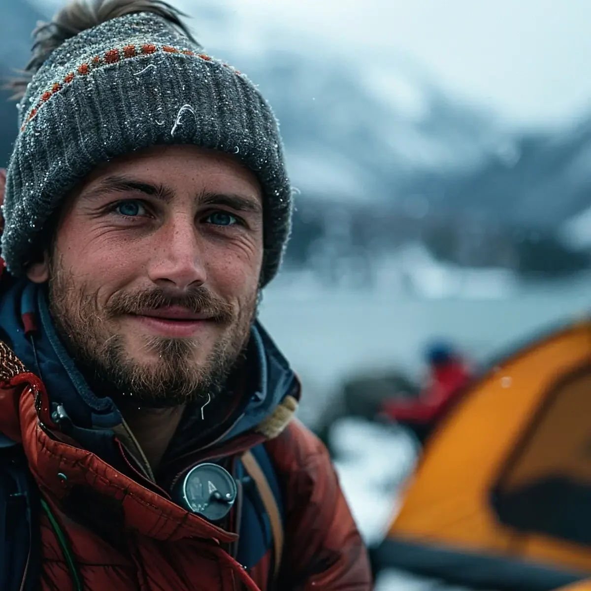 young man camping on the mountain during winter